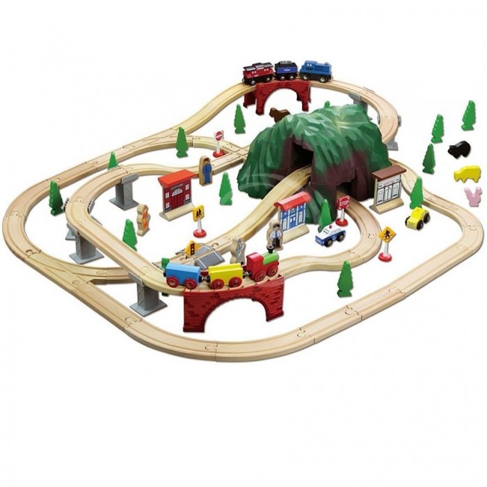 Set trenulete Mountain Rock Town cu circuit montan si tunel dublu Rail Road 100 piese din lemn